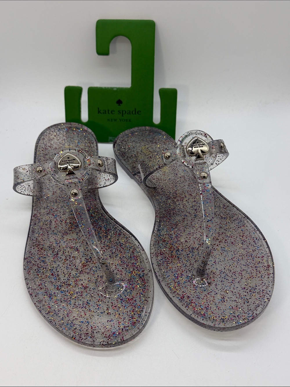 Kate Spade Kendall Glitter Jelly Thong Flat Sandal, Clear Sz 7 NWT